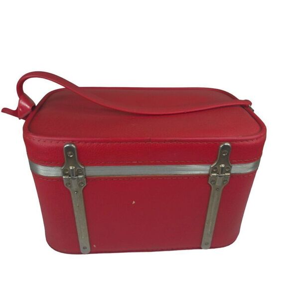 Vintage 60s Red Travel Train Case Carry On Bag - Picture 5 of 12